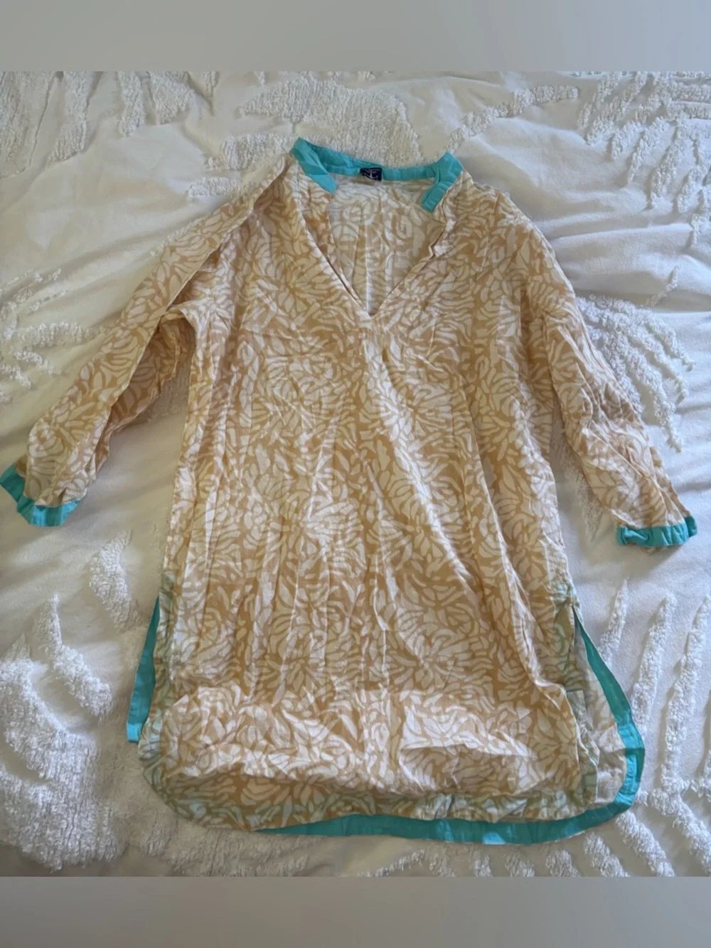 Le Soleil Miami Cream & White Floral Swimsuit Cover Up with Turquoise Trim - Picture 15 of 16